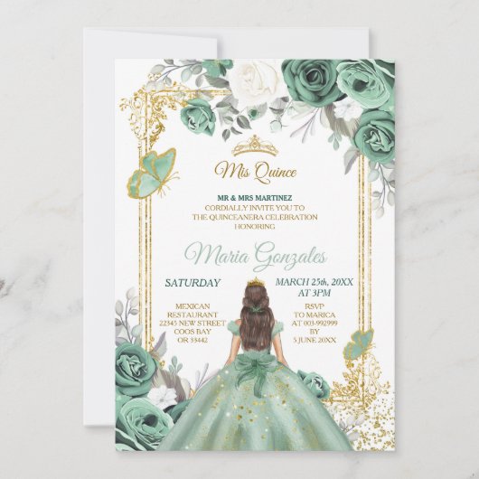 Mis Quince Dusty Green & White Birthday Invitation Kaart (Voorkant)