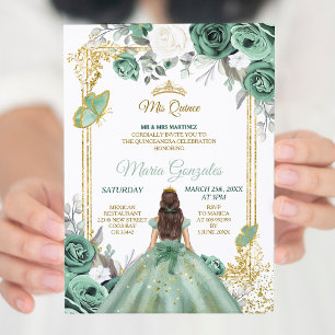 Mis Quince Dusty Green & White Birthday Invitation Kaart