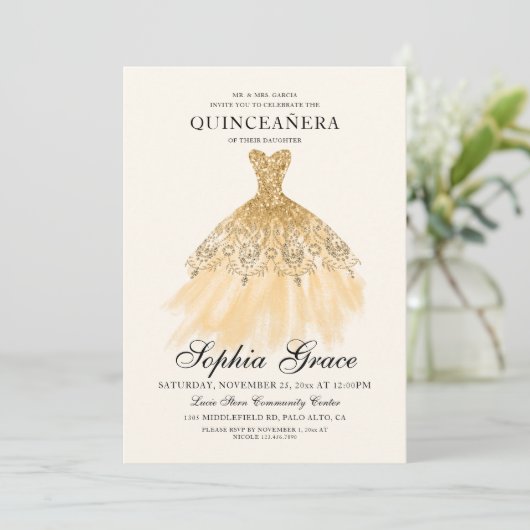 Mis Quince Elegant Faux Gold Glitter Quinceañera Kaart (Staand voorkant)