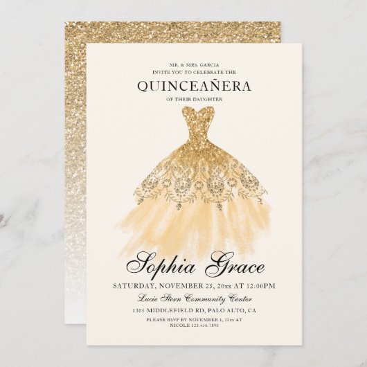 Mis Quince Elegant Faux Gold Glitter Quinceañera Kaart (Voorkant / Achterkant)