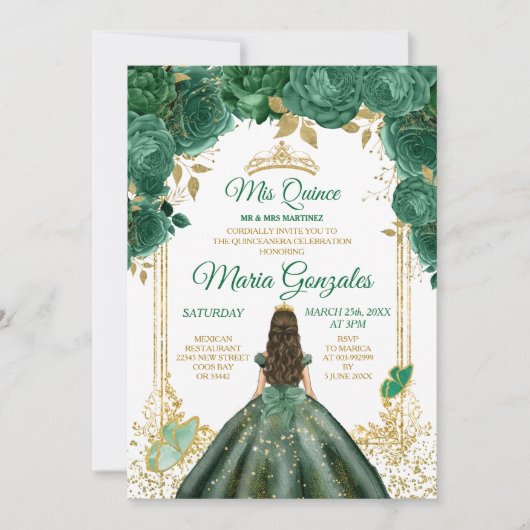 Mis Quince Emerald Groene Vlinder Gouden Kroon Kaart (Voorkant)