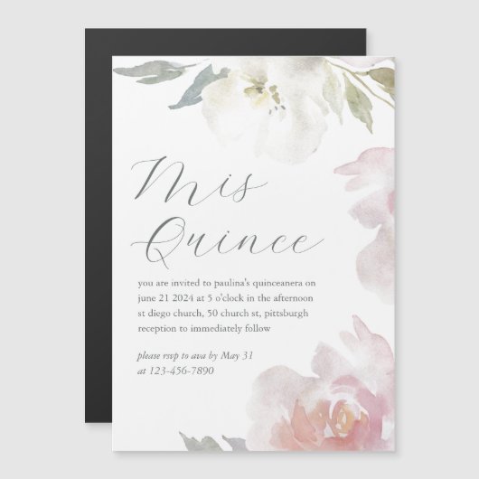 Mis Quince Floral 15 jaar verjaardag Quinceañera Magnetische Uitnodiging (Voorkant / Achterkant)