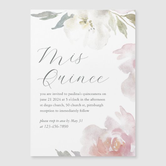 Mis Quince Floral 15 jaar verjaardag Quinceañera Magnetische Uitnodiging (Voorkant)