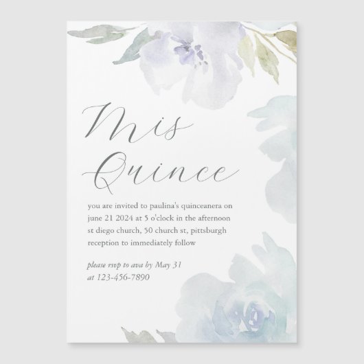 Mis Quince Floral 15 jaar verjaardag Quinceañera Magnetische Uitnodiging (Voorkant)