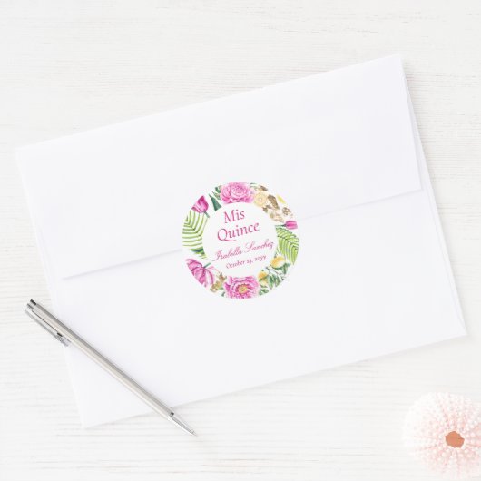 Mis Quince Floral Pink Peonies Lemons Quinceañera  Ronde Sticker (Envelop)