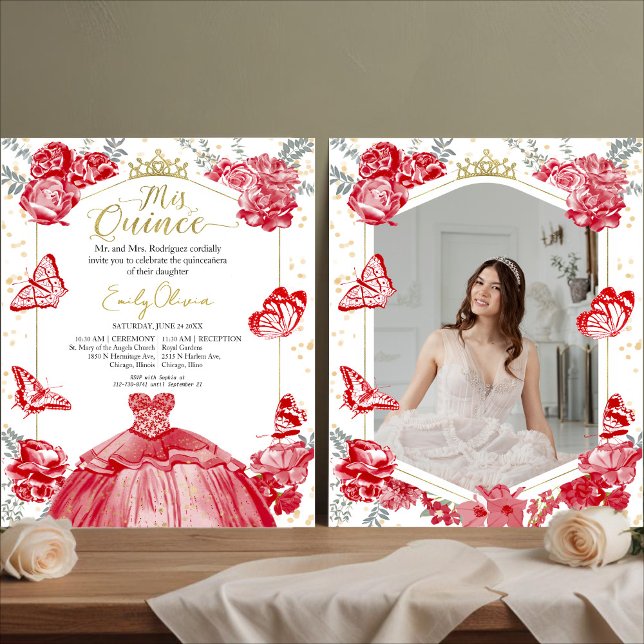 Mis Quince Foto Budget Uitnodiging Red Floral (Creator heeft geüpload)