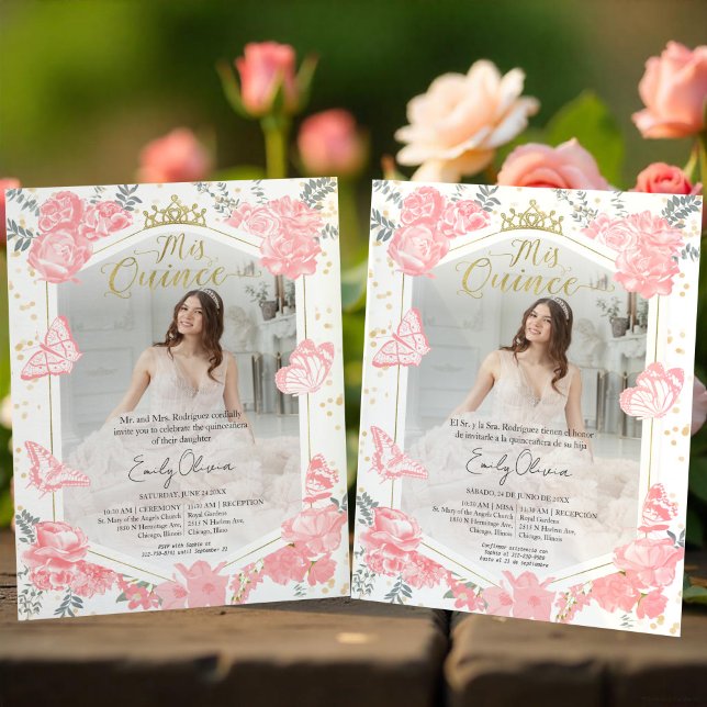 Mis Quince Foto Budget Uitnodiging Tweetalig Roze (Creator heeft geüpload)