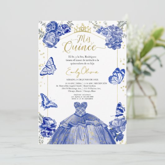 Mis Quince Foto Uitnodiging Spaans Royal Blue (Staand voorkant)