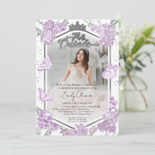 Mis Quince Foto Uitnodiging Spaanse Lavendel (Staand voorkant)