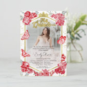 Mis Quince Foto Uitnodiging Tweetalig Rode Bloemen (Staand voorkant)