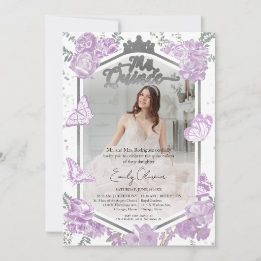 Mis Quince Foto Uitnodiging Tweetalige Lavendel (Voorkant)