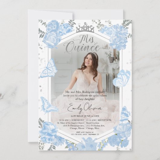 Mis Quince Fotouitnodiging Tweetalig Dusty Blue Kaart (Voorkant)