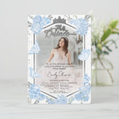 Mis Quince Fotouitnodiging Tweetalig Dusty Blue Kaart (Staand voorkant)