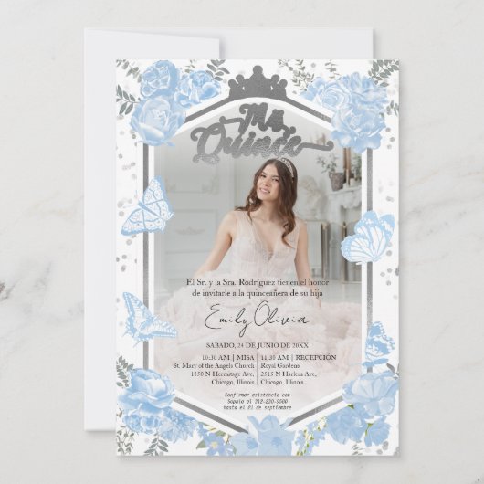 Mis Quince Fotouitnodiging Tweetalig Dusty Blue Kaart (Achterkant)