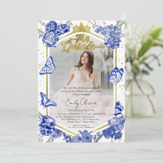 Mis Quince Fotouitnodiging Tweetalig Koninklijk Bl Kaart (Staand voorkant)