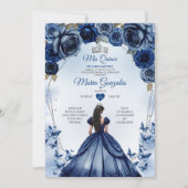 Mis Quince Navy Blauw Bloemen Kroon Quinceañera Kaart (Voorkant)