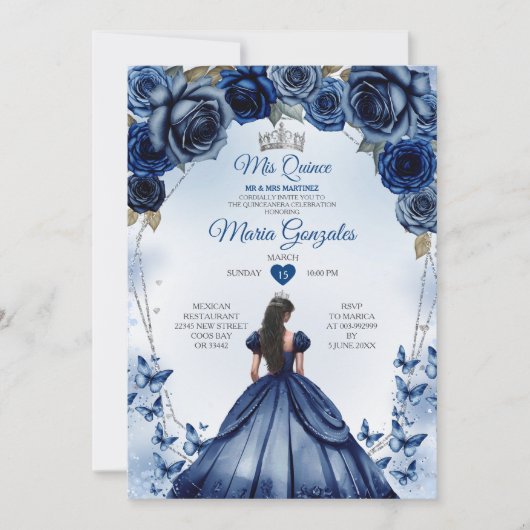 Mis Quince Navy Blauw Bloemen Kroon Quinceañera Kaart (Voorkant)