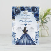 Mis Quince Navy Blauw Bloemen Kroon Quinceañera Kaart (Staand voorkant)