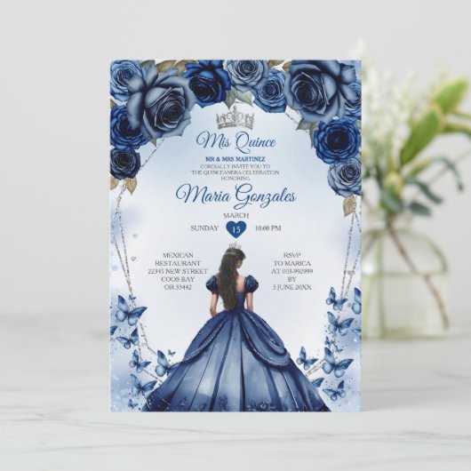 Mis Quince Navy Blauw Bloemen Kroon Quinceañera Kaart (Staand voorkant)