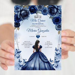 Mis Quince Navy Blauw Bloemen Kroon Quinceañera Kaart