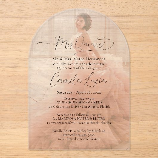 Mis Quince Photo Overlay Chic Modern Quinceañera Acryl Uitnodigingen (Voorkant)