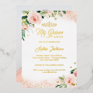 Mis Quince Pink Floral Foto Quinceanera Birthday Folie Uitnodiging