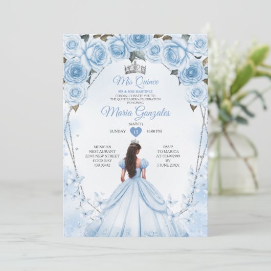 Mis Quince Poeder Blauw Bloemen Kroon Quinceañera Kaart (Staand voorkant)