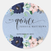 Mis Quince, Quinceañera con Flores Azul y Rosa Ronde Sticker (Voorkant)