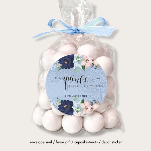 Mis Quince, Quinceañera con Flores Azul y Rosa Ronde Sticker