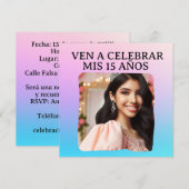 Mis Quince Quinceañera Foto Rosa Azul Morado Kaart (Voorkant / Achterkant)