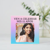 Mis Quince Quinceañera Foto Rosa Azul Morado Kaart (Staand voorkant)