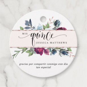 Mis Quince Roos Goudbes, Bourgogne, Blauw Bloemen Bedankjes Labels