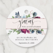 Mis Quince Roos Goudbes, Bourgogne, Blauw Bloemen Bedankjes Labels (Achterkant)