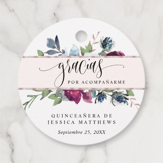 Mis Quince Roos Goudbes, Bourgogne, Blauw Bloemen Bedankjes Labels (Achterkant)