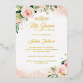 Mis Quince Roze Gouden Bloem Quinceanera Verjaarda Folie Uitnodiging (Voorkant)