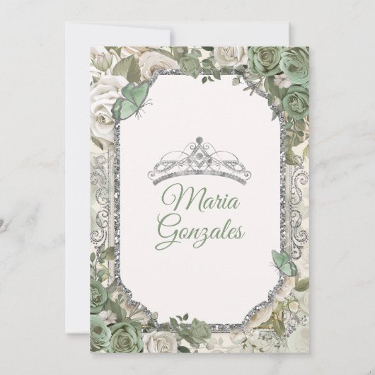Mis Quince Sage Groen & Zilver Bloemen Quinceañera Kaart (Achterkant)