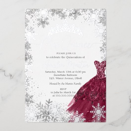 Mis Quince Snowflake Burgundy Quinceanera Folie Uitnodiging (Voorkant)