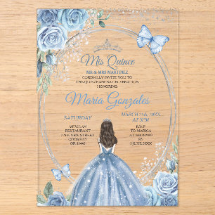 Mis Quince Stof Blauw & Zilver Bloem Quinceañera Acryl Uitnodigingen
