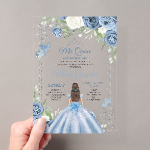 Mis Quince Stof Blauw & Zilver Bloem Quinceañera Acryl Uitnodigingen