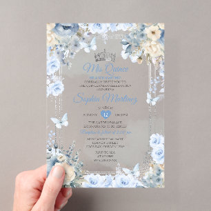 Mis Quince Stofblauw & Zilveren Bloem Quinceañera Acryl Uitnodigingen