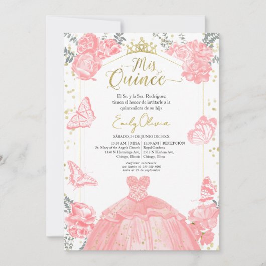Mis Quince Uitnodiging Spaans Roze Jurk Bloemen (Voorkant)