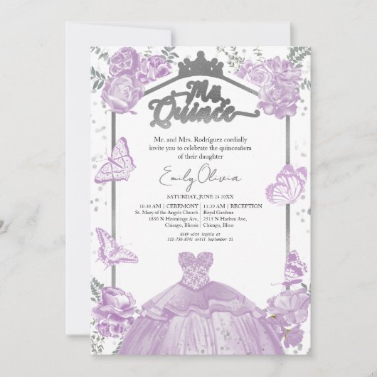 Mis Quince Uitnodiging Tweetalige Lavendel Jurk (Voorkant)