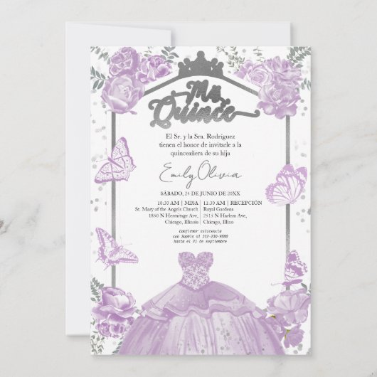 Mis Quince Uitnodiging Tweetalige Lavendel Jurk (Achterkant)