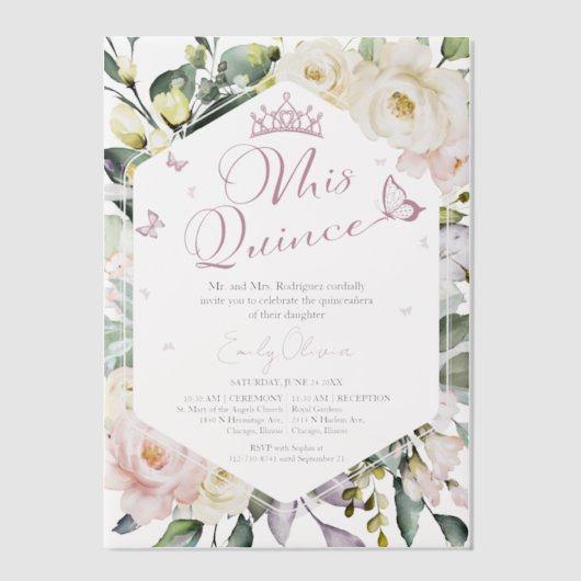 Mis Quince | Vlindergroen Floral Quinceañera Vellum Uitnodigingen (Voorkant)