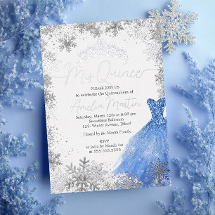 Mis Quince Winter Snowflake Blue Quinceanera Folie Uitnodiging