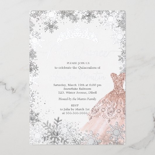 Mis Quince Winter Snowflake Blush Quinceanera Folie Uitnodiging (Voorkant)