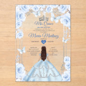 Mis Quince Zacht Blauw & Zilver Bloemen Quinceañer Acryl Uitnodigingen (Voorkant)