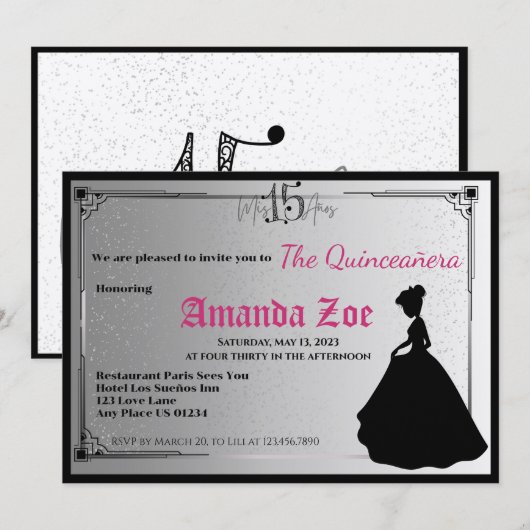 Mis Quince Zwart-Wit Elegante uitnodiging (Voorkant / Achterkant)