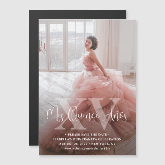 Mis XV Años Bewaar de datum Moderne foto Quinceañe Magnetische Uitnodiging (Voorkant / Achterkant)