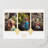 Mis XV Años Español 3 Fotos Efecto Encaje Dorado Folie Uitnodiging (Voorkant)